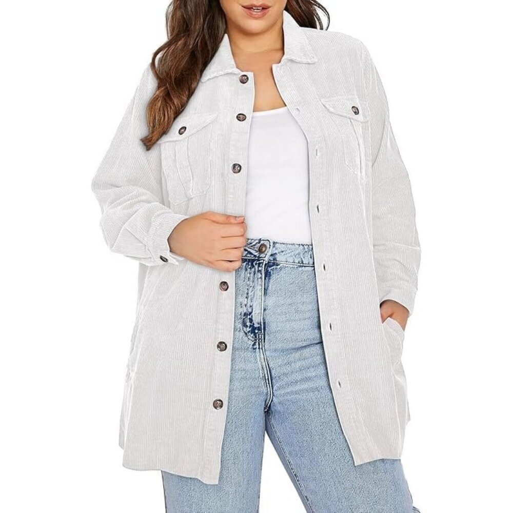 🆕Womens White Plus Size Plaid Shacket Long Sleeve Button Down Casual Jacket